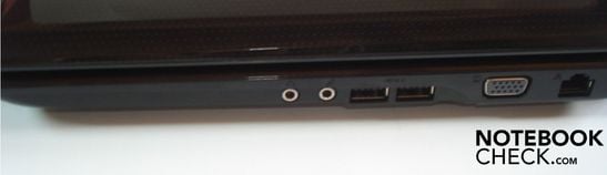 Справа: два аудио разъема (для наушников и микрофона), два USB 2.0 порта, VGA порт, Gigabit Lan и разъем питания