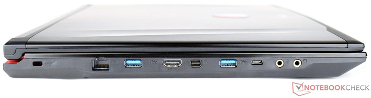 Слева: слот замка Kensington, порт Ethernet, USB 3.0, HDMI, Mini-DispayPort, USB 3.0, USB Type-C Gen.2, два 3.5 мм аудио разъема