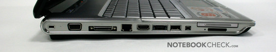 Вид слева: Express Card 45, кардридер (SD, MS (Pro), MMC, xD), FireWire 400, USB, eSata (со встроенным USB), HDMI, Gigabit LAN, док станция, VGA