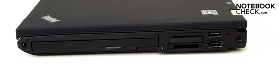 Справа: Комбинированный аудиоразъем, привод оптических дисков, ExpressCard34, считыватель карт памяти 4-в-1, USB 2.0, USB/eSATA, разъем для замка Кенсингто