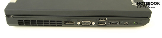 Слева: Решетка вентиляции, Display port, VGA, 2хUSB, USB/eSATA, FireWire, выключатель WiFi