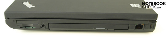 Справа: Считыватель карт памяти 4-в-1, ExpressCard34, комбинированный аудио разъем, Ultra bay с оптическим приводом, RJ45 (LAN), разъем для замка Кенсингтона