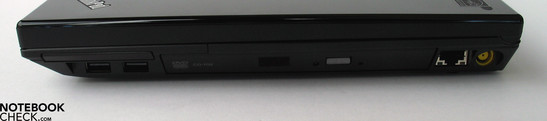 Правая панель: 2x USB 2.0, ExpressCard, DVD-привод, LAN, сетевой выход