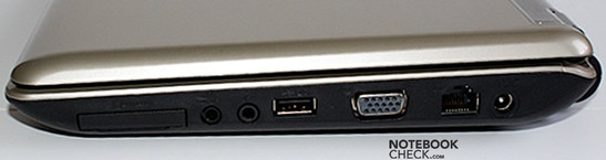 Правая сторона: ExpressCard34, аудио выход/SPDIF, аудио вход, USB, VGA, LAN, разъем питания