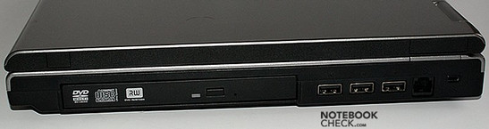 Вид справа: оптический привод, 3x USB, модем, Kensington Lock