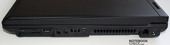 Справа: кардридер, e-SATA, ExpressCard, audio-out (SPDIF), audio-in, USB, FireWire, вентиляционная решетка, модем, гнездо питания