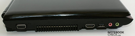 Вид слева: VGA-выход, вентиляционные отверстия, HDMI-выход, USB-порт, аудиовход, аудиовыход