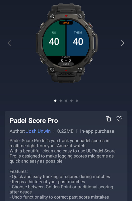 Приложение Padel Score Pro Mini для смарт-часов Amazfit