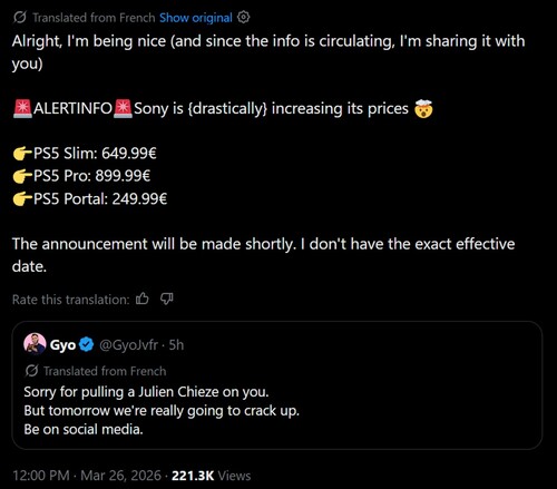 Слух о повышении цены PS5 в машинном переводе на X