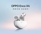 Рекламное изображение, демонстрирующее наушники Oppo Enco X4 в белом цвете.