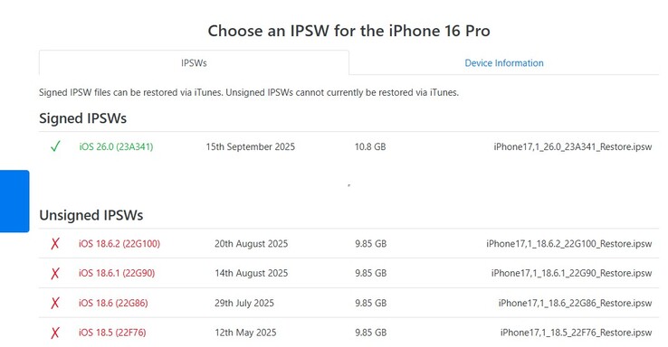 По состоянию на 23 сентября iOS 26.0 - единственная подписанная версия iOS, доступная для iPhone 16-й серии и других устройств с iOS 26. (Источник изображ