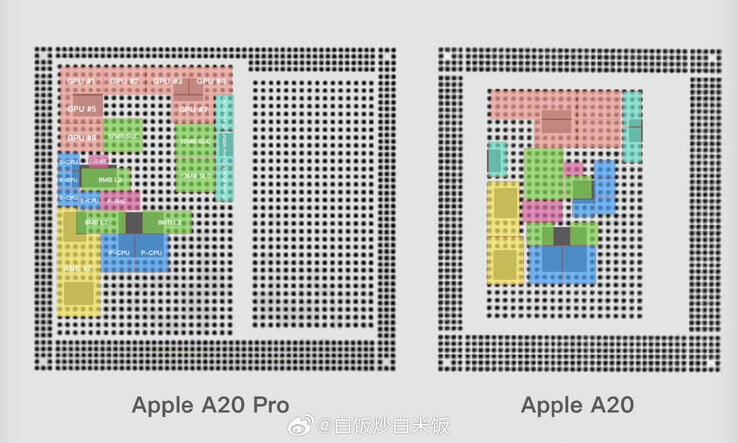 Схема расположения шариков припоя Apple A20 Pro с обозначенными основными блоками в сравнении с утекшей схемой A20, на которой показано предполаг