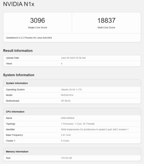 Листинг Nvidia N1X Geekbench (источник изображения: Geekbench)