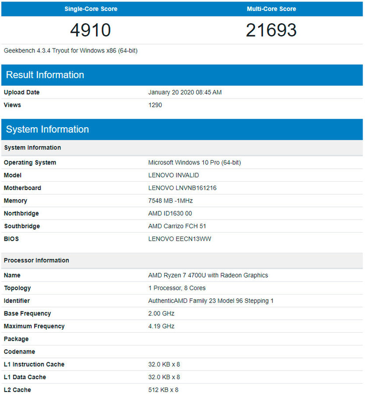 Оценки AMD Ryzen 7 4700U в Geekbench. (Изображение: Tom's Hardware)