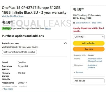 OnePlus 15 в листинге Amazon UK (Источник изображения: Equal Leaks)