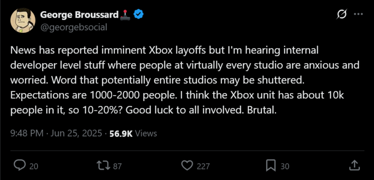 Слухи об увольнении Джорджа Бруссара из Xbox (Источник изображения: скриншот, аккаунт Джорджа Бруссара X)