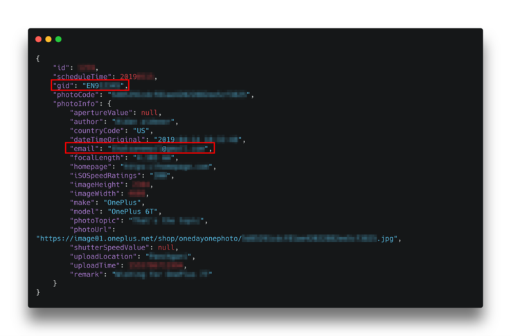Данные из интерфейса Shot on OnePlus содержат адрес электронной почты и ID. (Изображение: 9to5Google)