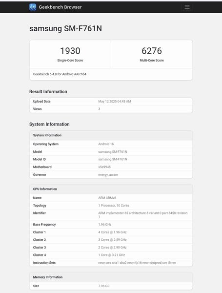 Galaxy Z Flip FE в Geekbench (источник изображения: Abhishek Yadav on X)