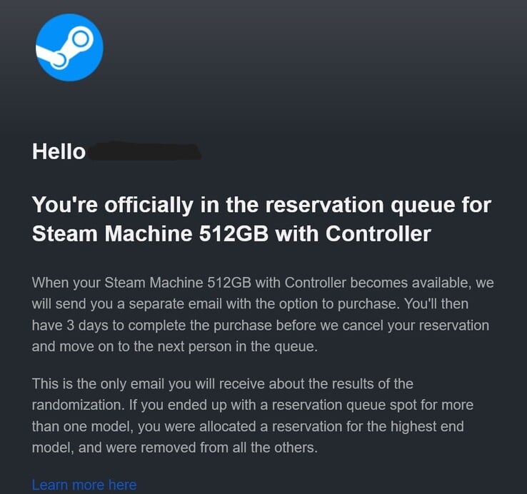 Письмо с подтверждением предварительного заказа Steam Machine.