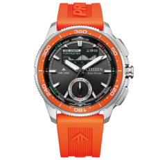 Изображение товара спереди Citizen Promaster Wave Tracker JV3000-13E с оранжевым каучуковым ремешком, оранжевым ободком, черным циферблатом и аналогово-цифровым дисплеем таймера регаты.