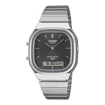 Ретро-часы Casio AQ-240E-1A с аналого-цифровым дисплеем, черным циферблатом с солнечным узором, корпусом серебристого цвета и браслетом из нержавеющей стали.