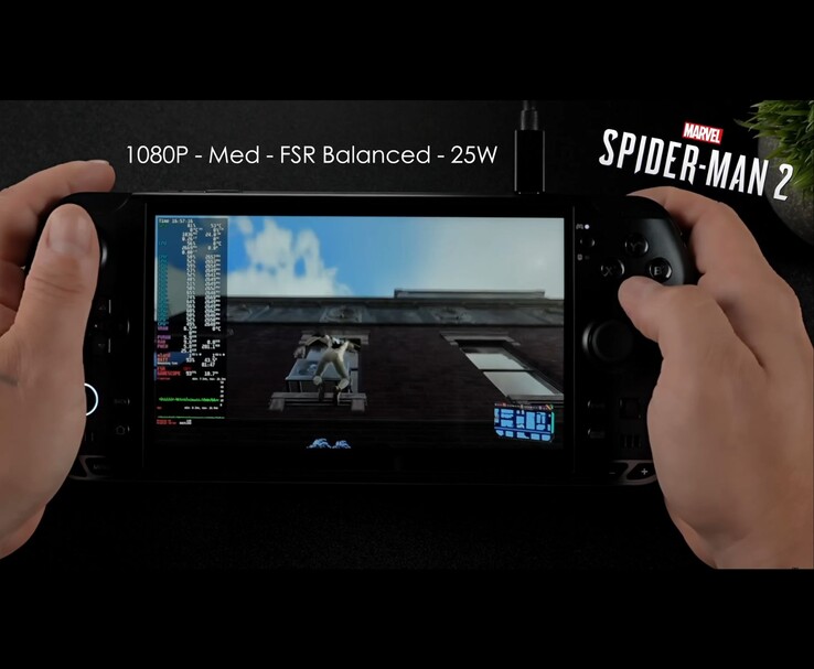 Портативный игровой ПК GPD Win 5 работает с игрой Marvel's Spider-Man 2 при средних настройках 1080p с FSR Balanced и TDP 25 Вт. (Источник изображения: ETA PRIME через YouTube)