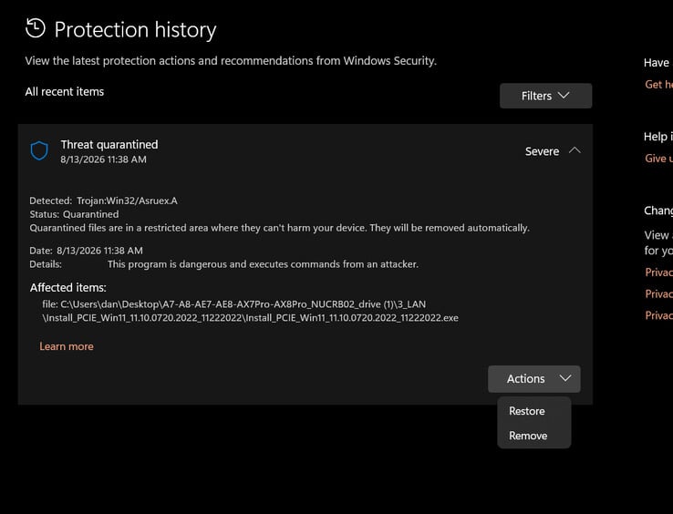 Исполняемый файл, отмеченный Windows Defender