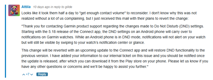 Снимок экрана порта на форуме Garmin с сообщением от Garmin. (Источник изображения: Форум Garmin)