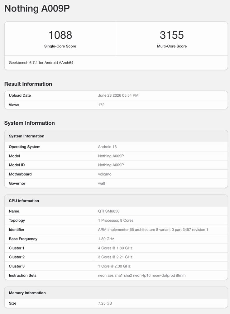 Запись в базе данных Geekbench, касающаяся ожидаемого смартфона Nothing Phone (4b).