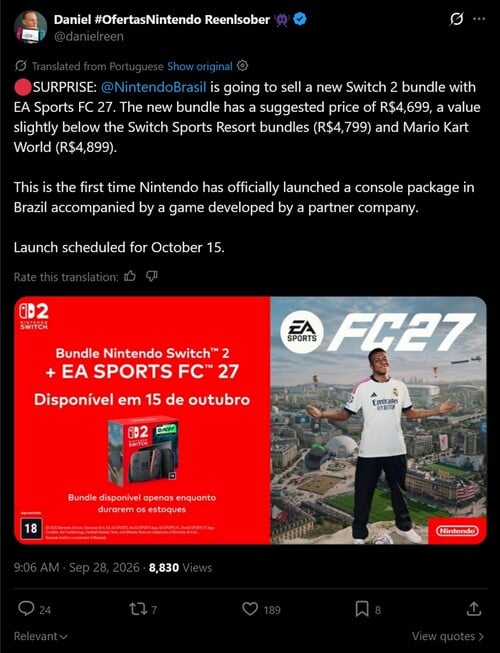 Показан анонс комплекта консоли Switch 2 с EA Sports FC 27