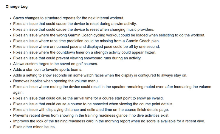 Журнал изменений бета-версии обновления 16.14 для смарт-часов Garmin Forerunner 570 и Forerunner 970. (Источник изображения: скриншот с форума Garmin)