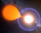 Рисунок художника, изображающий новую звезду, высасывающую вещество из своей звезды-хозяина. (Источник изображения: К. Улачик, Обсерватория Варшавского университета)