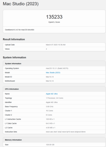 Apple M2 Ultra Geekbench Оценка GPU OpenCL (оценка изображения Geekbench)