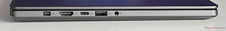Левая сторона: разъем питания, HDMI 2.1, USB-C 4.0 (40 Гбит/с, DisplayPort 1.4, Power Delivery), USB-A 3.2 Gen 2 (10 Гбит/с), аудио разъем