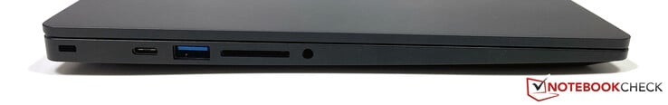 Слева: Kensington, USB-C 3.2 Gen. 2 (DisplayPort 1.4, PowerDelivery), USB 3.2 Gen. 1, SD, аудио 3.5 мм