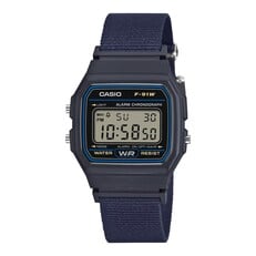 Цифровые часы Casio F-91WF-2A с синим корпусом и ремешком из плетеной ткани в тон.