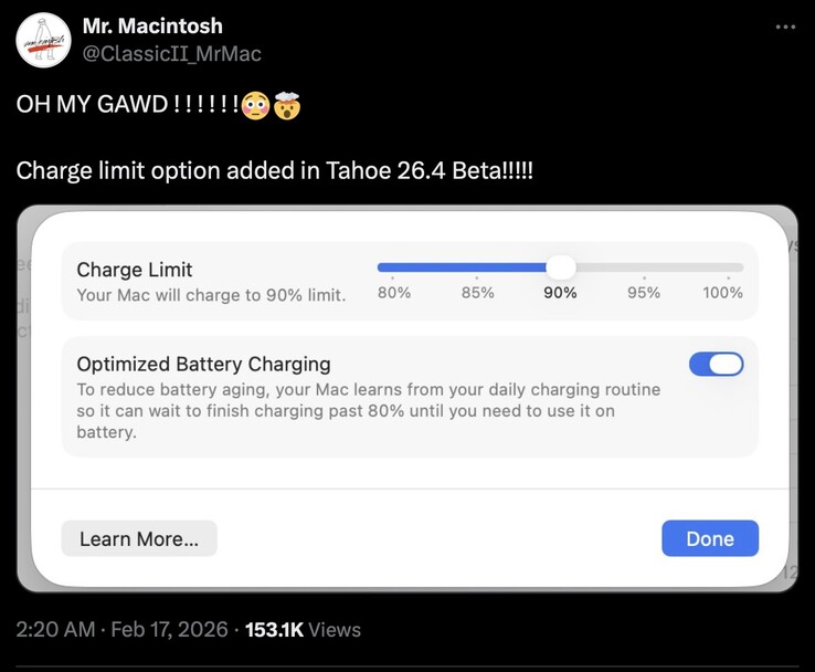 в macOS 26.4 Tahoe, похоже, добавлена поддержка лимитов заряда.