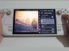 Вид спереди на палубу Steam Deck с запущенным Elden Ring в левой части экрана и настройками плагина Lossless Scaling справа, включая переключатели FPS Multiplier, Flow Scale и Performance Mode. (Источник изображения: Deck Wizard/YouTube)