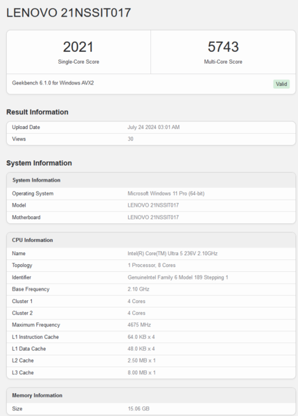 Оценка Intel Core Ultra 5 236V в Geekbench (источник изображения: Geekbench)