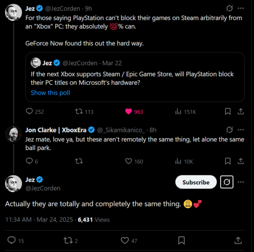 Сообщение Jez Corden X о том, что Sony блокирует порты для ПК (Источник изображения: скриншот, аккаунт Jez Corden X)