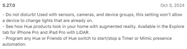 Журнал изменений для приложения Philips Hue версии 5.27.0. (Источник изображения: Philips Hue)