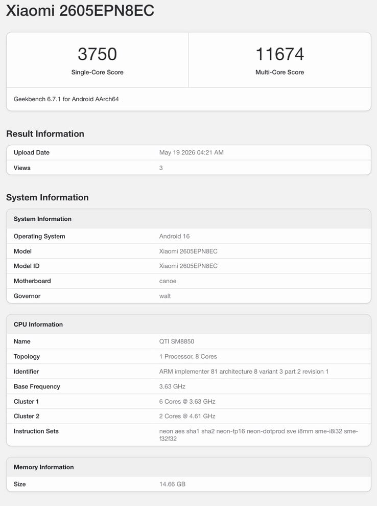 Листинг Geekbench предполагаемого Xiaomi 17 Max.