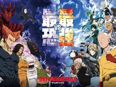 Рекламный плакат аниме One Punch Man, на котором изображены Сайтама, Генос и другие герои с правой стороны, противостоящие могущественным злодеям и монстрам с левой стороны, на фоне драматического неба. (Источник изображения: One Punch Man)