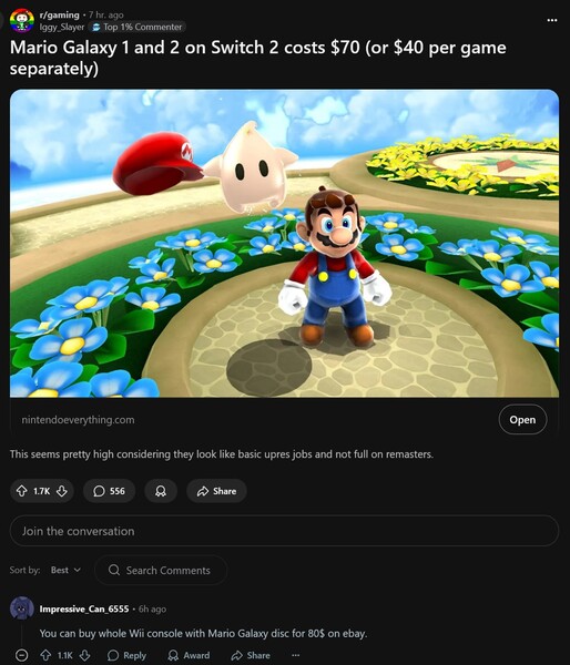 Споры о ценах на Super Mario Galaxy и Super Mario Galaxy 2 Switch (Источник изображения: скриншот, Iggy_Slayer@Gaming subreddit)