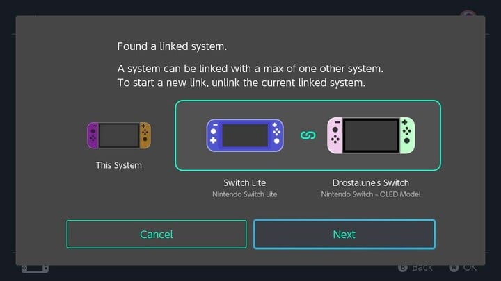 На экране Nintendo Switch отображается предупреждение о том, что система может быть связана максимум с одной другой системой для обмена виртуальными игровыми картами, и пользователю необходимо отсоединить текущую связанную систему, чтобы начать новую связь.