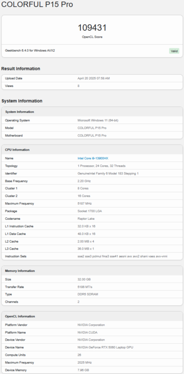 RTX 5060 ноутбук Geekbench Оценка OpenCL (источник изображения: Geekbench)