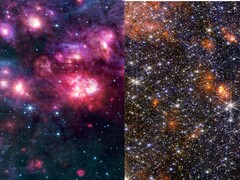 Коллаж из изображений MIRI и NIRCam Стрельца B2 (Источник изображения: несколько - см. источники; отредактировано)