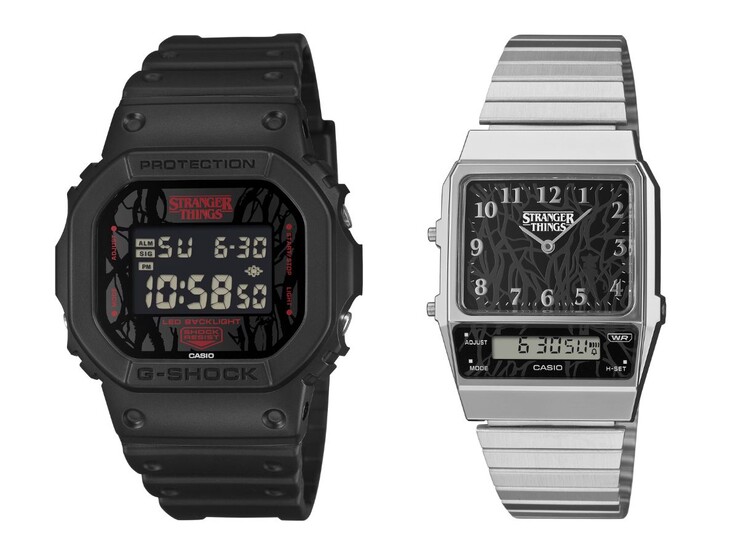 Часы Casio Stranger Things, созданные совместно, DW-5600STT-1 (слева) и AQ-800EST-1A (справа). (Источник изображения: Casio, отредактировано)