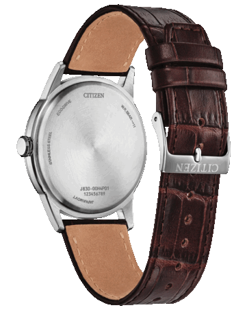 Вид сзади на часы Citizen Rolan AW2110-14Z, на котором видны задняя крышка из нержавеющей стали и коричневый кожаный ремешок с фирменной застежкой.