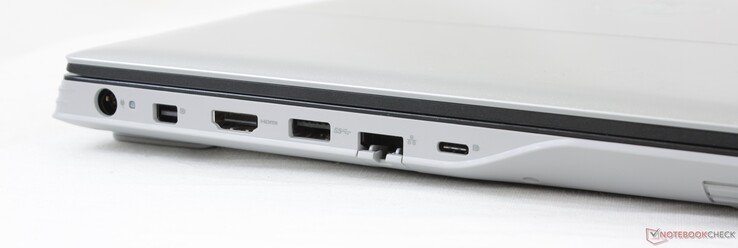 Левая сторона: разъем питания, Mini-DisplayPort, HDMI 2.0, USB 3.2 Gen. 1 Type-A, Gigabit RJ-45, USB Type-C с DisplayPort